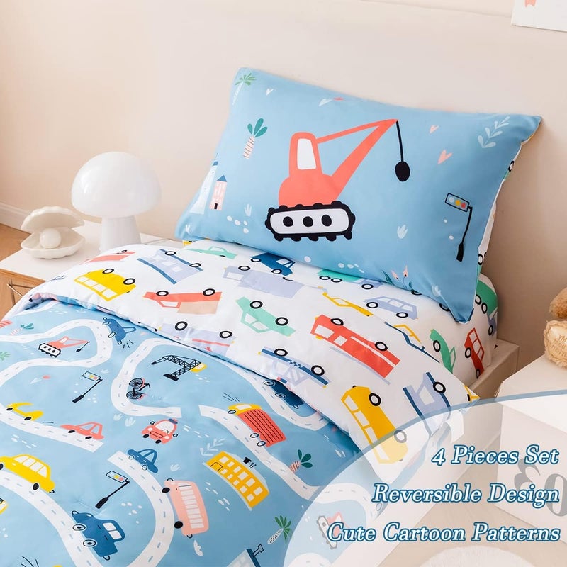 PERFEMET 4-Piece Toddler Bedding Set Boys Cars Toddler Comforter with Sheets Reversible Lightweight Blue Vehicles Toddler Bed Set for Crib(Blue, Cars) - Image 3